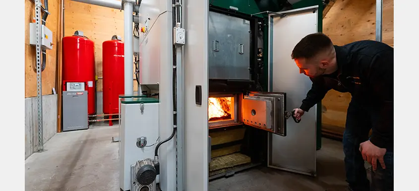 Modern wood heat system used for biomass heating in a public building