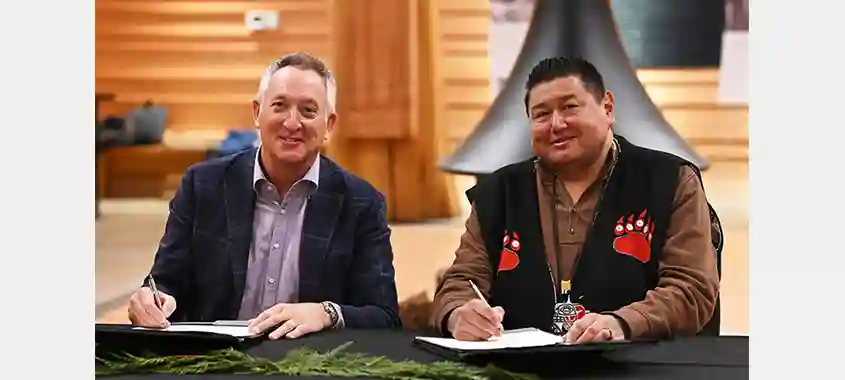 Steven Hofer, president and chief executive officer of Western Forest Products, and John Hackett, Tla’amin Nation hegus.