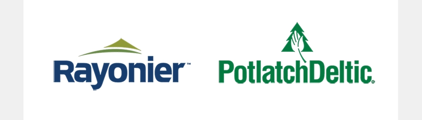 Logos of Rayonier and PotlatchDeltic