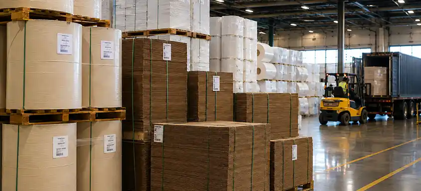 Paper and packaging products stored in a North American distribution facility