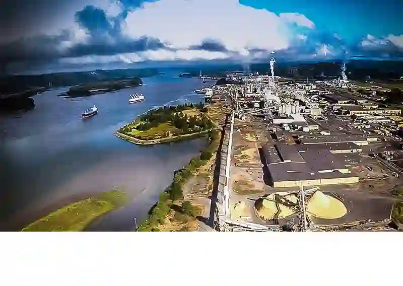 Aerial view of Nippon Dynawave Packaging mill in Longview, Washington