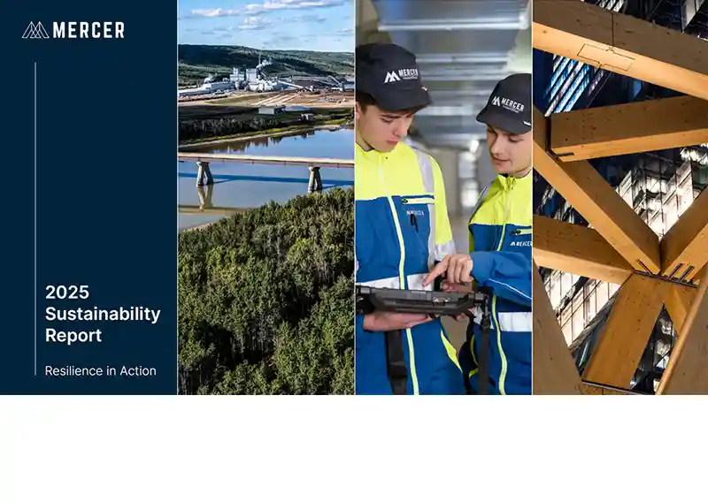 Images from Mercer’s 2025 Sustainability Report featuring mill operations, employees and mass timber construction
